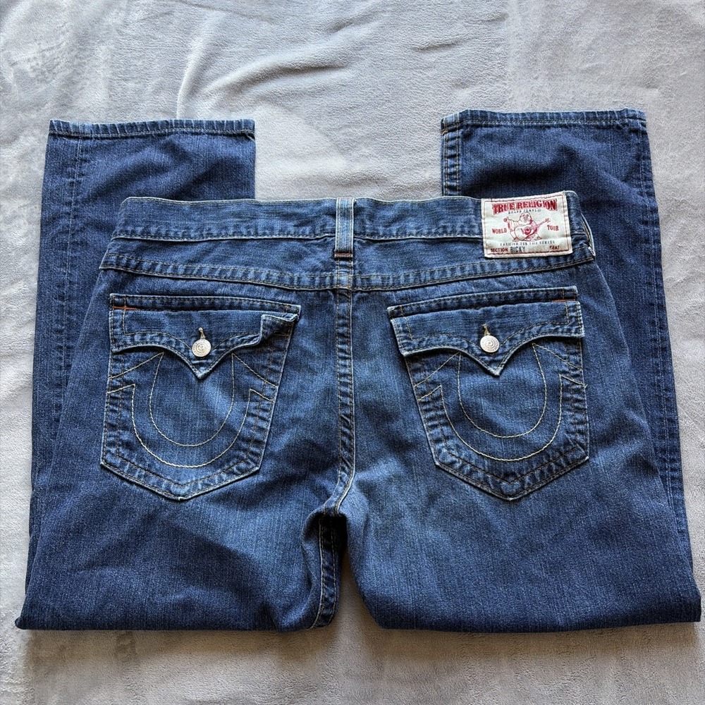 VTG True Religion Jeans Mens 40x30 Blue Ricky Stitch Flap Y2K USA
